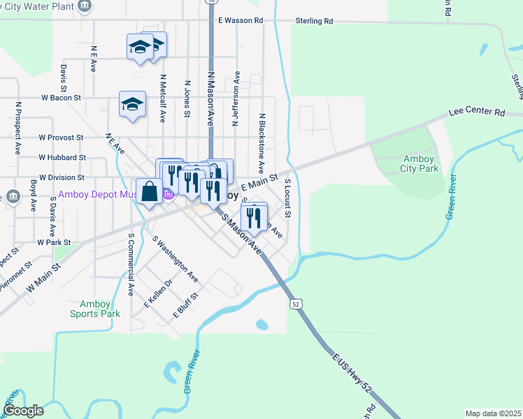 map of restaurants, bars, coffee shops, grocery stores, and more near 217 South Jefferson Avenue in Amboy