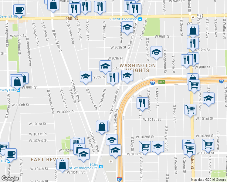 map of restaurants, bars, coffee shops, grocery stores, and more near 9918 South Vincennes Avenue in Chicago