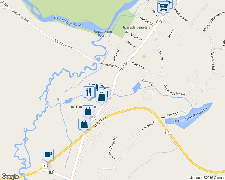 map of restaurants, bars, coffee shops, grocery stores, and more near 23 Tunxis Street in Farmington