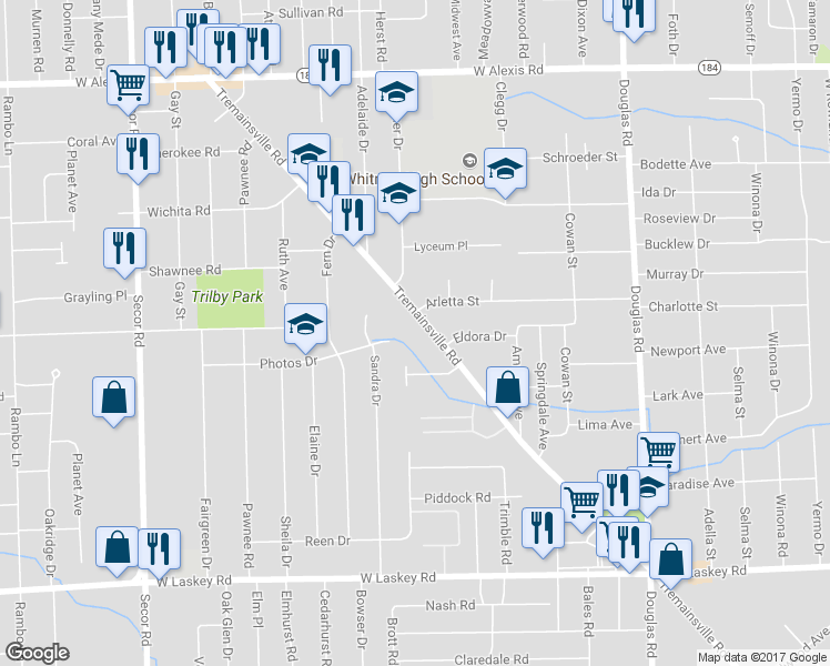 map of restaurants, bars, coffee shops, grocery stores, and more near 2835 Tremainsville Rd in Toledo