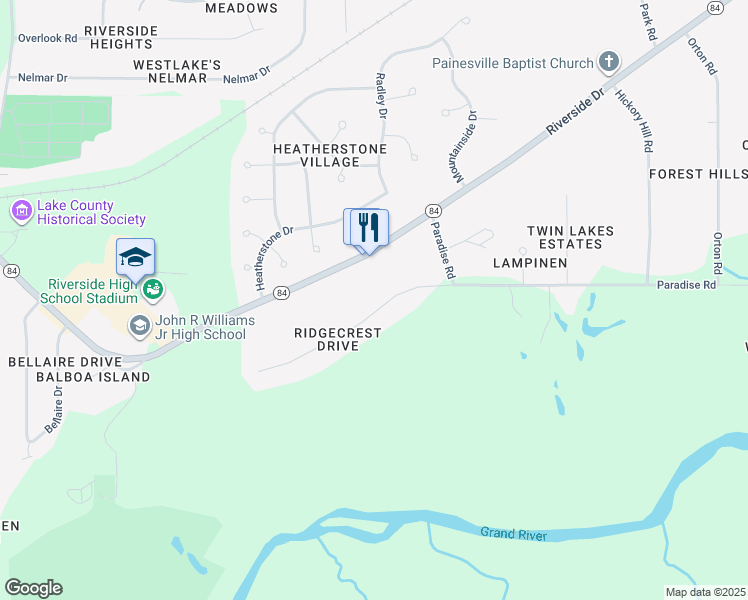 map of restaurants, bars, coffee shops, grocery stores, and more near 100 Ridgecrest Drive in Painesville
