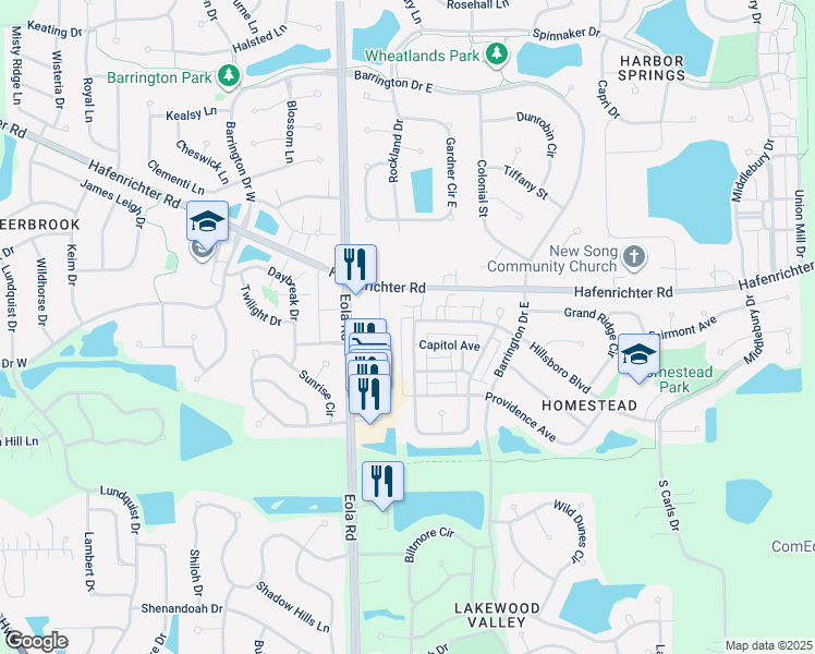 map of restaurants, bars, coffee shops, grocery stores, and more near 2260 South Eola Road in Aurora