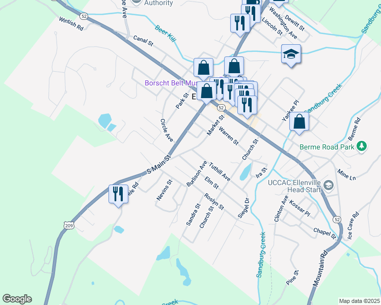 map of restaurants, bars, coffee shops, grocery stores, and more near 48 Market Street in Ellenville