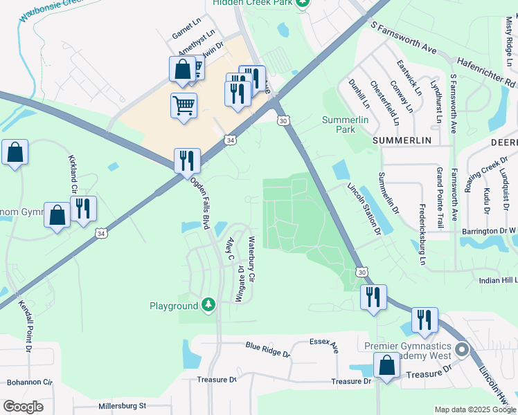 map of restaurants, bars, coffee shops, grocery stores, and more near 43 Wingate Court in Oswego