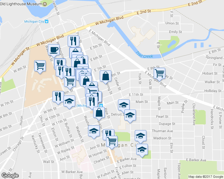 map of restaurants, bars, coffee shops, grocery stores, and more near 301 East 9th Street in Michigan City