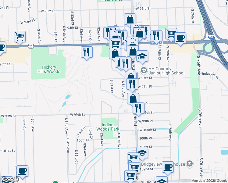 map of restaurants, bars, coffee shops, grocery stores, and more near 9743 South 81st Court in Palos Hills