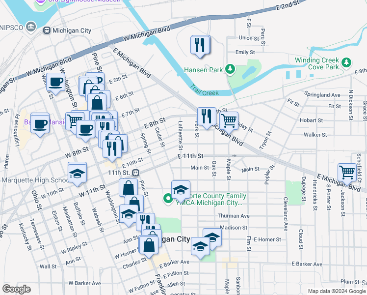map of restaurants, bars, coffee shops, grocery stores, and more near 306 Lafayette Street in Michigan City