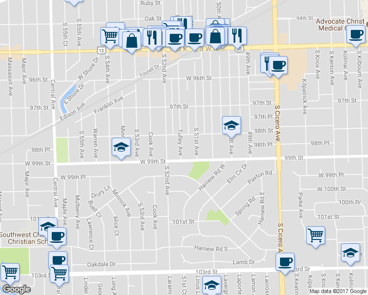 map of restaurants, bars, coffee shops, grocery stores, and more near 9821 Tulley Avenue in Oak Lawn