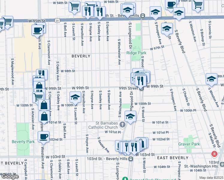map of restaurants, bars, coffee shops, grocery stores, and more near 9906 South Damen Avenue in Chicago