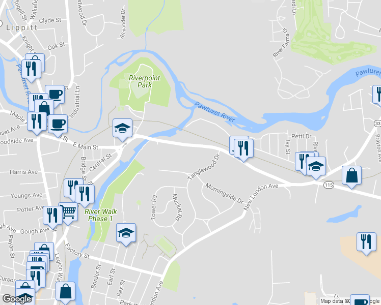 map of restaurants, bars, coffee shops, grocery stores, and more near 213 Providence Street in West Warwick