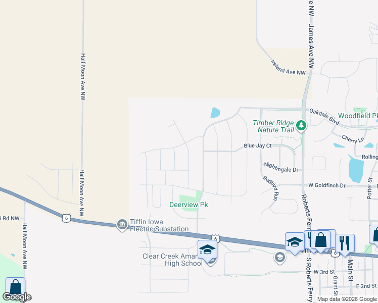 map of restaurants, bars, coffee shops, grocery stores, and more near Owen Street in Tiffin