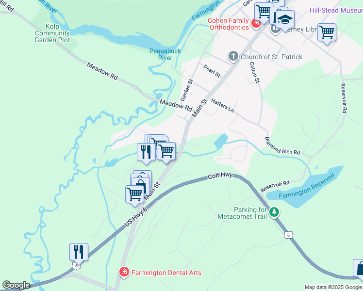 map of restaurants, bars, coffee shops, grocery stores, and more near 42 Tunxis Street in Farmington