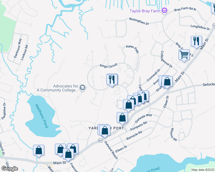 map of restaurants, bars, coffee shops, grocery stores, and more near 13 Oak Glen in Yarmouth