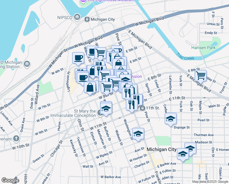 map of restaurants, bars, coffee shops, grocery stores, and more near 201 West 8th Street in Michigan City