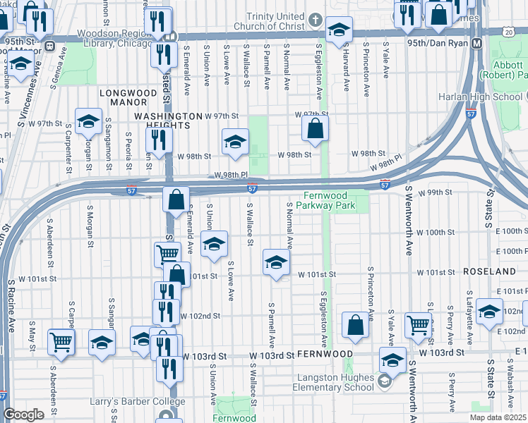 map of restaurants, bars, coffee shops, grocery stores, and more near 9924 S Parnell Ave in Chicago