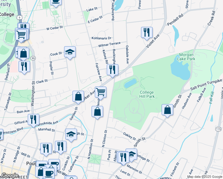 map of restaurants, bars, coffee shops, grocery stores, and more near 206 North Clinton Street in Poughkeepsie