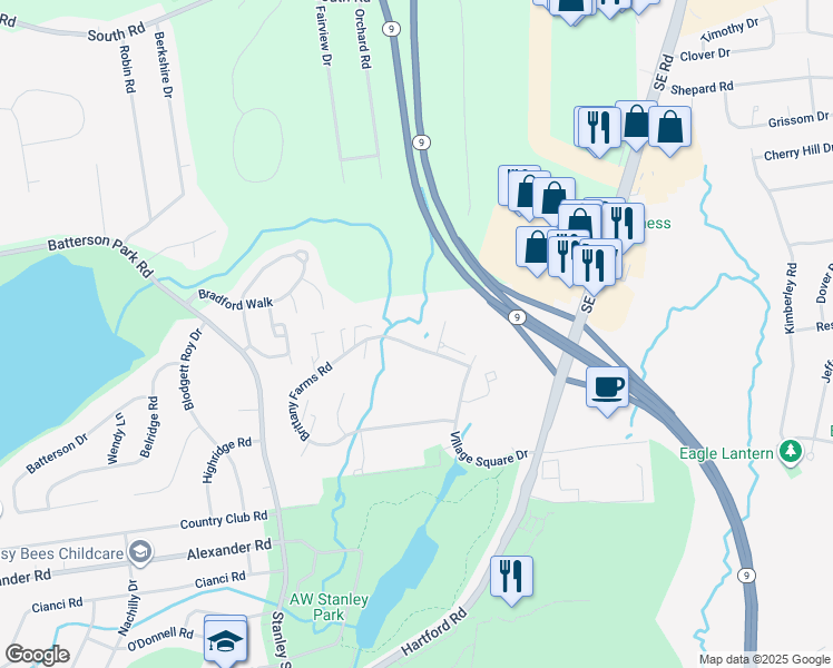 map of restaurants, bars, coffee shops, grocery stores, and more near 360 Brittany Farms Road in New Britain
