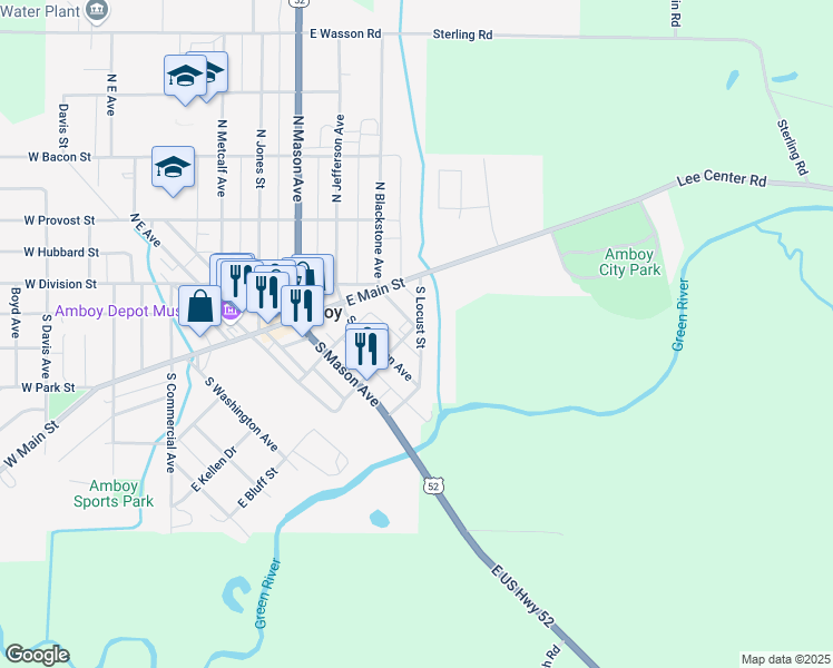 map of restaurants, bars, coffee shops, grocery stores, and more near 425 East Bluff Street in Amboy