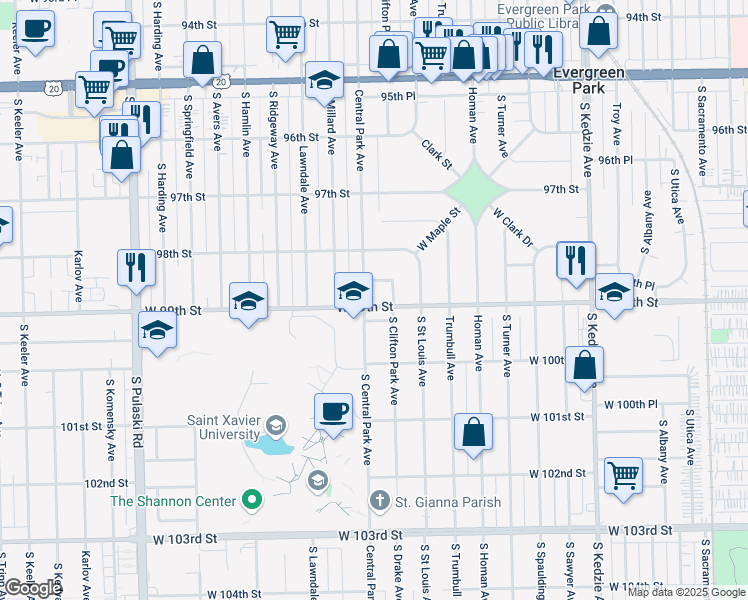 map of restaurants, bars, coffee shops, grocery stores, and more near 3560 West 99th Street in Evergreen Park