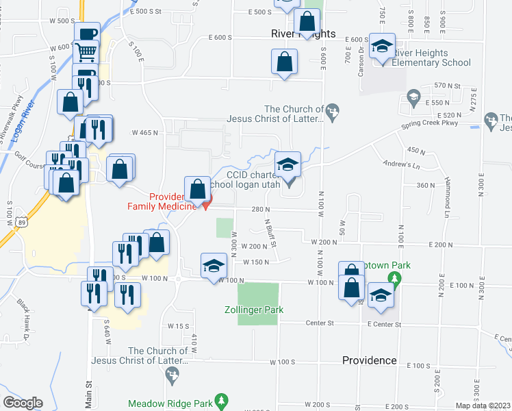 map of restaurants, bars, coffee shops, grocery stores, and more near 243 280 North in Providence