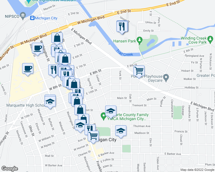 map of restaurants, bars, coffee shops, grocery stores, and more near 423 East 10th Street in Michigan City