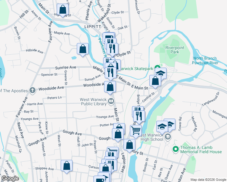 map of restaurants, bars, coffee shops, grocery stores, and more near 1022A Main Street in West Warwick