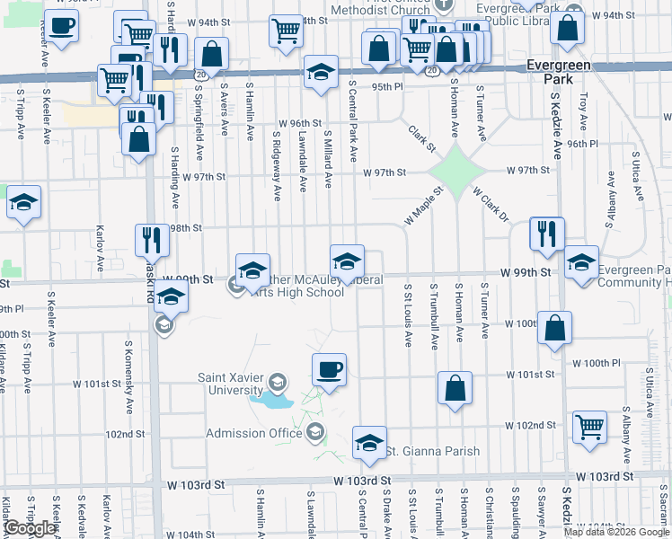 map of restaurants, bars, coffee shops, grocery stores, and more near 9851 South Millard Avenue in Evergreen Park
