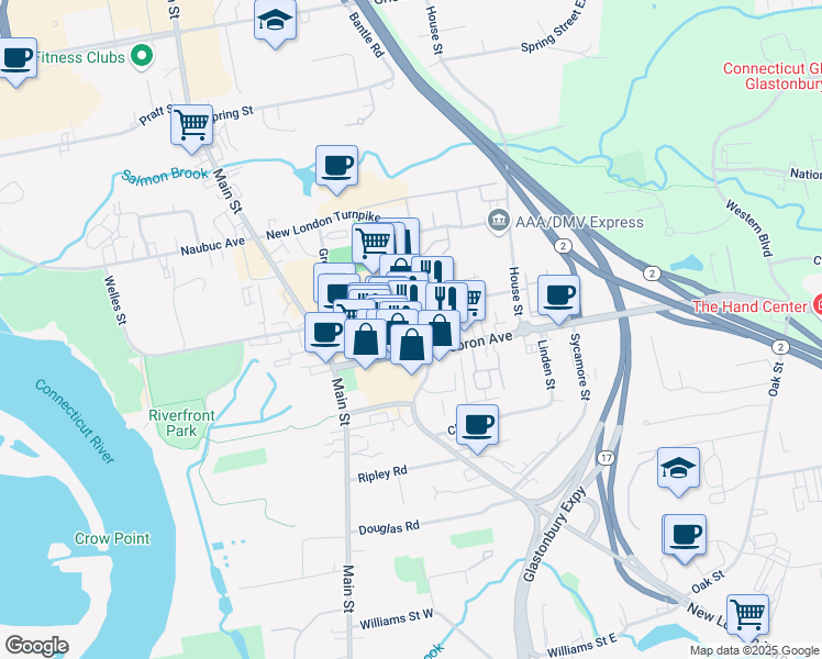 map of restaurants, bars, coffee shops, grocery stores, and more near 141 Hebron Avenue in Glastonbury