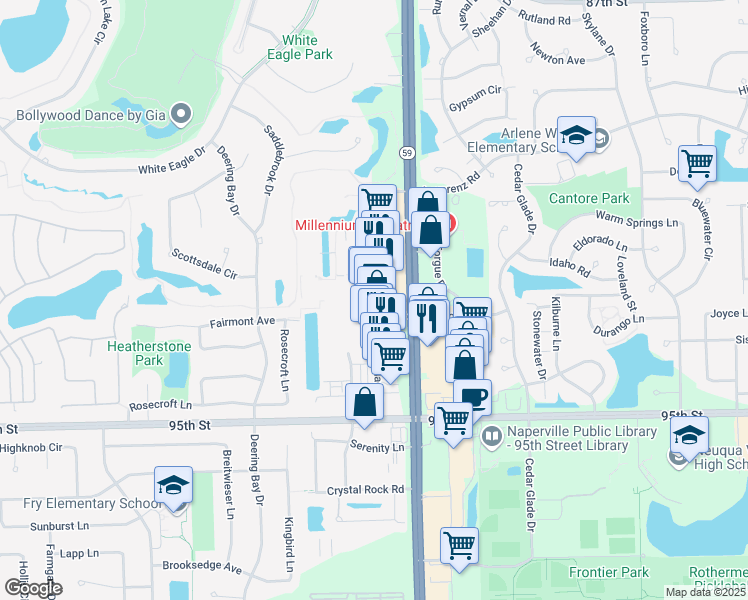 map of restaurants, bars, coffee shops, grocery stores, and more near 111 Showplace Drive in Naperville