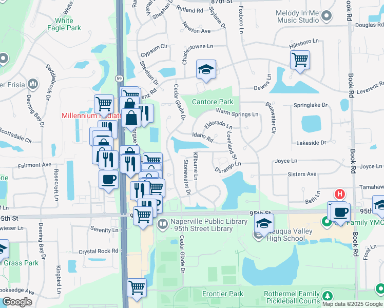 map of restaurants, bars, coffee shops, grocery stores, and more near 2803 Stonewater Drive in Naperville