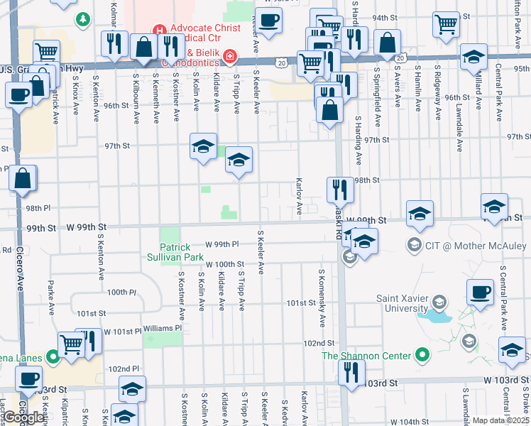 map of restaurants, bars, coffee shops, grocery stores, and more near 9823 South Keeler Avenue in Oak Lawn