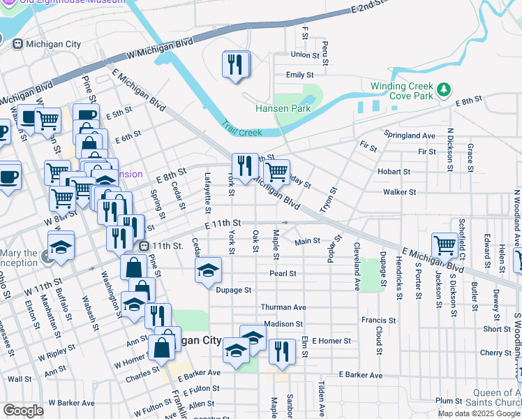 map of restaurants, bars, coffee shops, grocery stores, and more near 705 East 10th Street in Michigan City