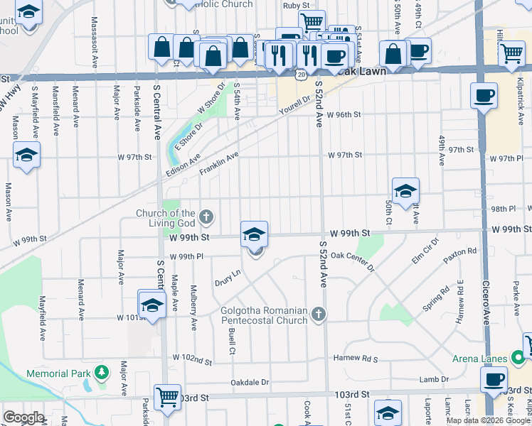 map of restaurants, bars, coffee shops, grocery stores, and more near 9818 South 53rd Avenue in Oak Lawn