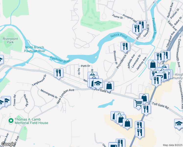 map of restaurants, bars, coffee shops, grocery stores, and more near 32 River Ave in West Warwick