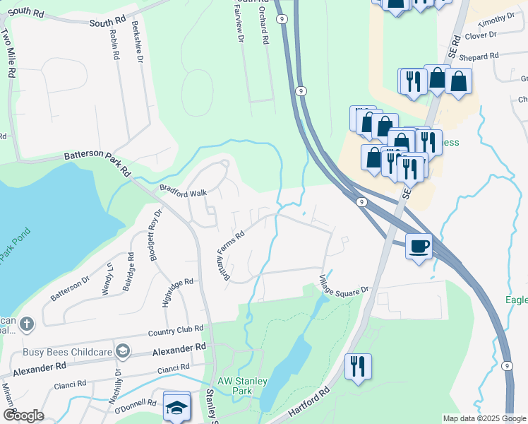 map of restaurants, bars, coffee shops, grocery stores, and more near 290 Brittany Farms Road in New Britain
