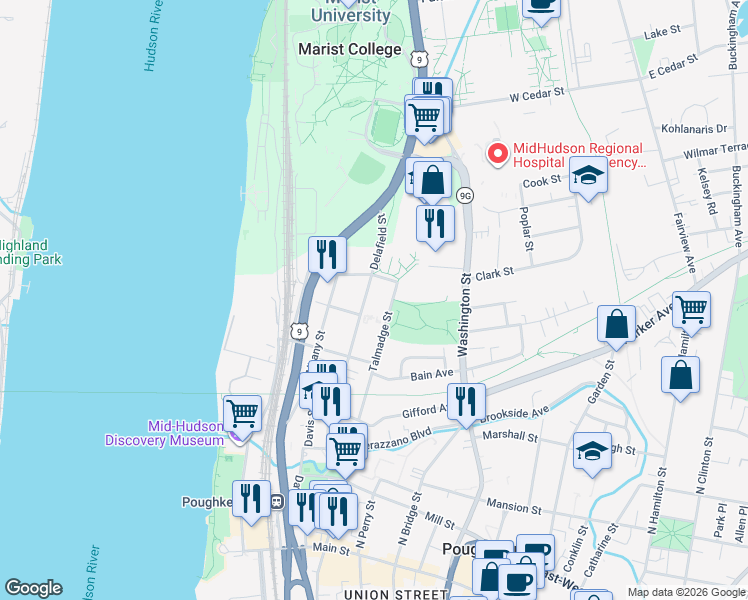 map of restaurants, bars, coffee shops, grocery stores, and more near 91 Delafield Street in Poughkeepsie