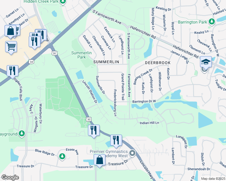 map of restaurants, bars, coffee shops, grocery stores, and more near 1681 Fredericksburg Lane in Aurora