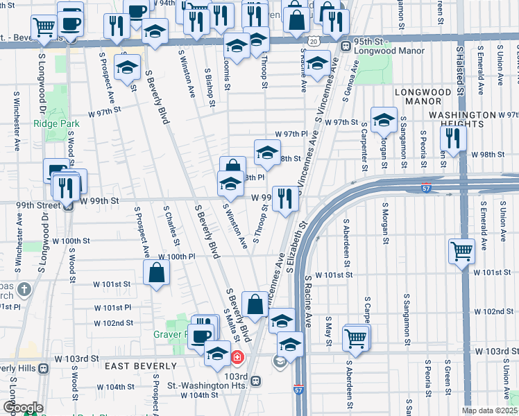 map of restaurants, bars, coffee shops, grocery stores, and more near 9914 South Throop Street in Chicago