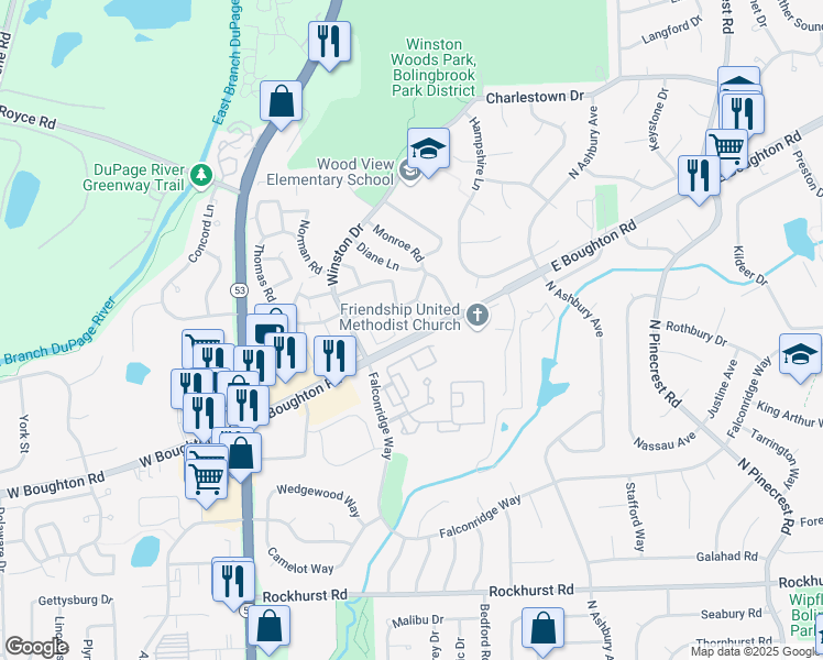 map of restaurants, bars, coffee shops, grocery stores, and more near 501 Dubois Circle in Bolingbrook