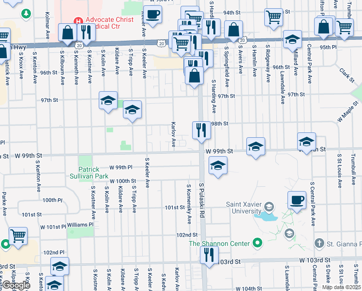map of restaurants, bars, coffee shops, grocery stores, and more near 4038 Almansa Ln in Oak Lawn
