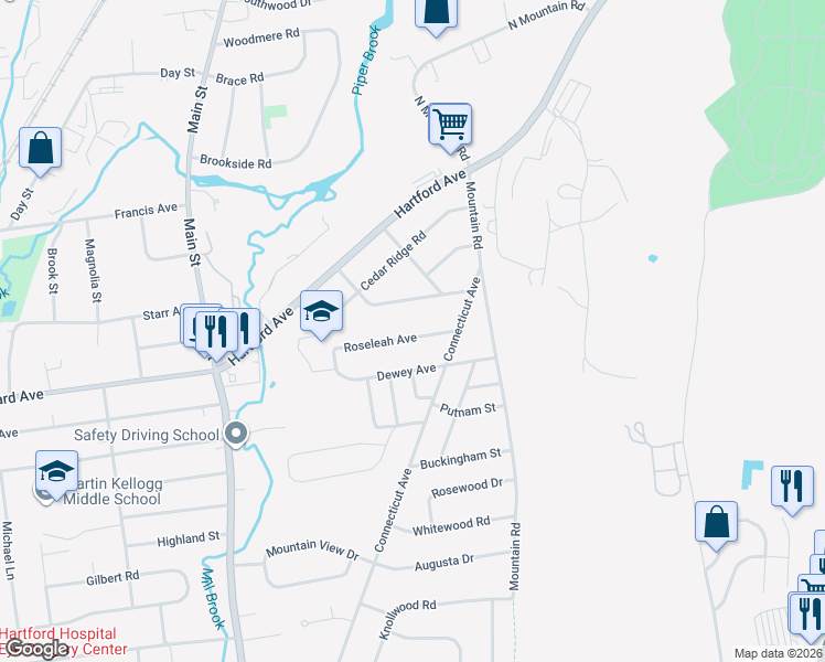 map of restaurants, bars, coffee shops, grocery stores, and more near 166 Roseleah Avenue in Newington