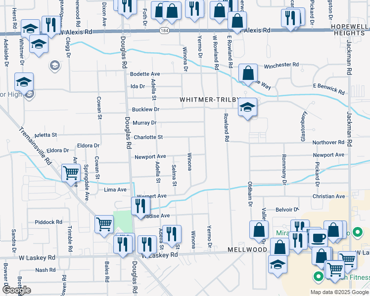 map of restaurants, bars, coffee shops, grocery stores, and more near 5367 Winona Drive in Toledo