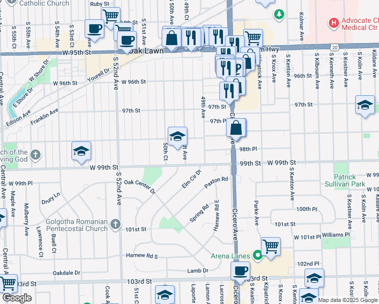 map of restaurants, bars, coffee shops, grocery stores, and more near 9821 Brandt Avenue in Oak Lawn
