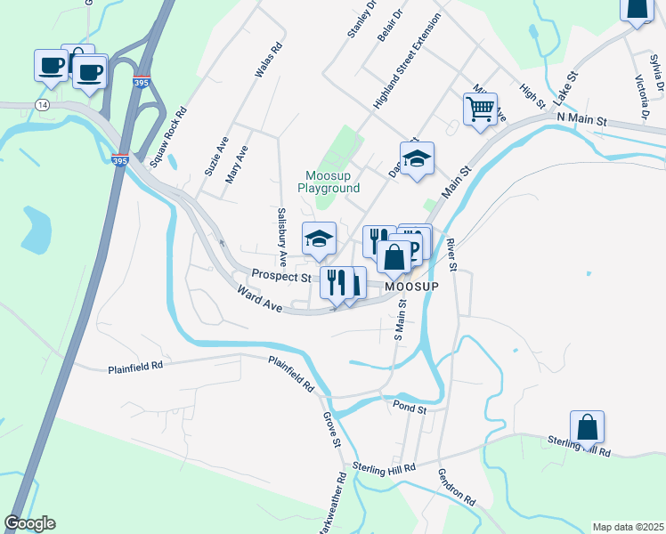 map of restaurants, bars, coffee shops, grocery stores, and more near 4-6-8 Highland Street in Plainfield