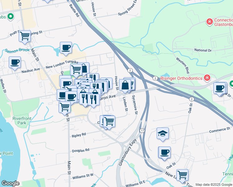 map of restaurants, bars, coffee shops, grocery stores, and more near 311 Hebron Avenue in Glastonbury