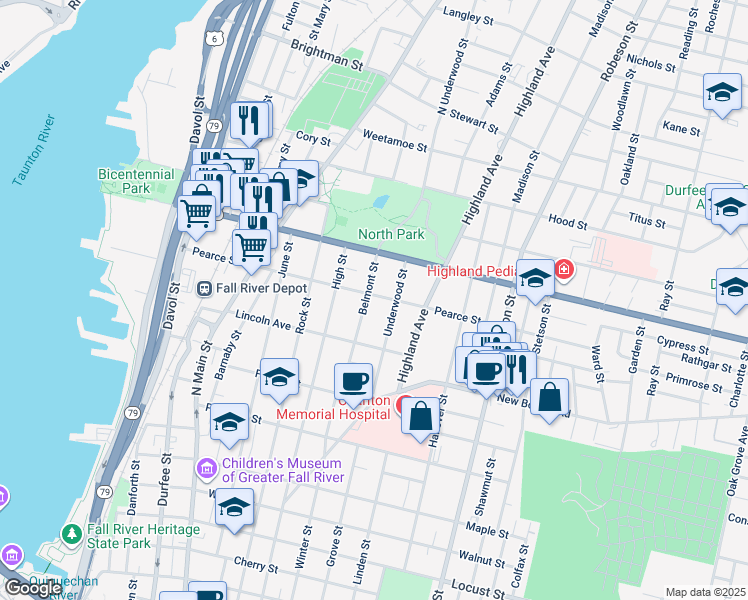map of restaurants, bars, coffee shops, grocery stores, and more near 224 Underwood Street in Fall River