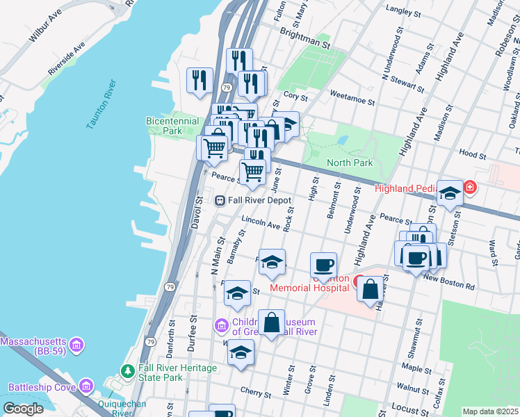 map of restaurants, bars, coffee shops, grocery stores, and more near 601 June Street in Fall River