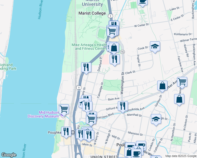 map of restaurants, bars, coffee shops, grocery stores, and more near 91 Delafield Street in Poughkeepsie