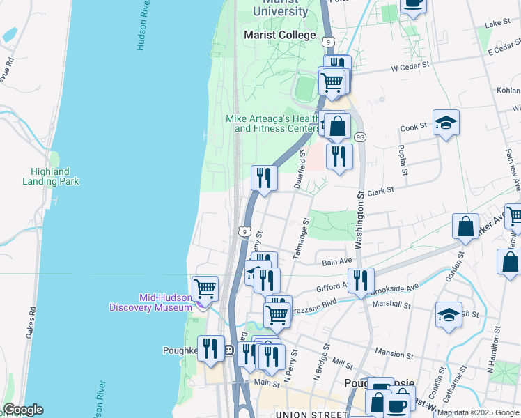 map of restaurants, bars, coffee shops, grocery stores, and more near 25 Whinfield Street in Poughkeepsie