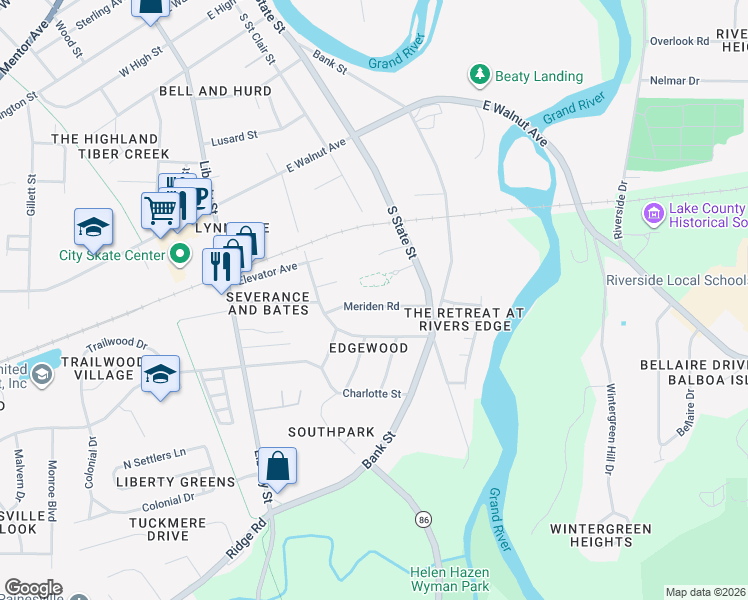 map of restaurants, bars, coffee shops, grocery stores, and more near 257 Meriden Road in Painesville